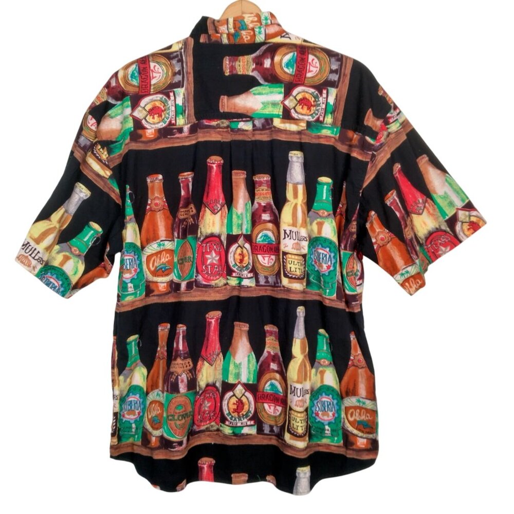 Sergio Valente Beer Shirt Men Large Black Party Brew Bottles Aloha Button Up - Picture 3 of 10